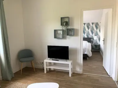 Télévision ou salle de divertissement dans l'établissement Le Nid des Fées appartement T3 rénové accès jardin