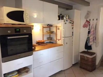 Cuisine ou kitchenette dans l'établissement Maison familiale du pont Millénaire