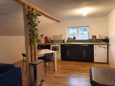 Cuisine ou kitchenette dans l'établissement Chalet au bord du lac