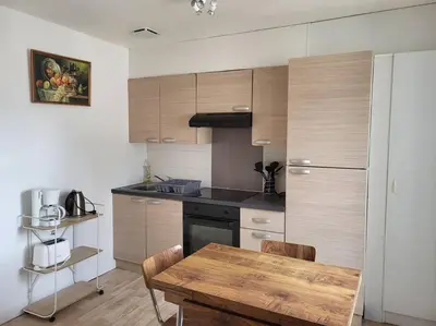 Cuisine ou kitchenette dans l'établissement La libellule Pelaude Appartement 4-6 personnes avec terrasse