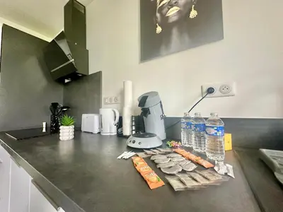Cuisine ou kitchenette dans l'établissement Le Monochrome, spacieux et adapté aux familles