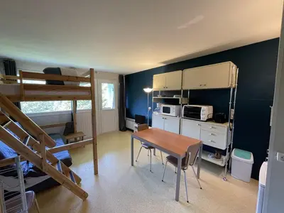 Cuisine ou kitchenette dans l'établissement Appartement cosy avec balcon, accès direct piste et parking privatif - FR-1-787-20