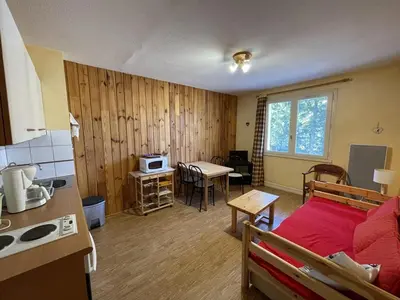 Cuisine ou kitchenette dans l'établissement Agréable T2 au pied des pistes avec piscine estivale, parking, et animaux bienvenus - FR-1-787-31