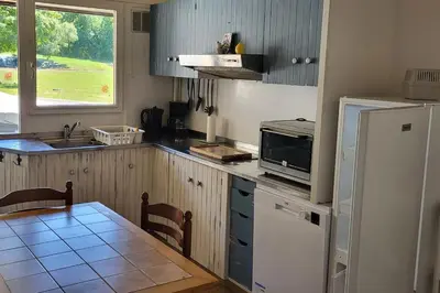 Cuisine ou kitchenette dans l'établissement Logement saisonnier la bourboule