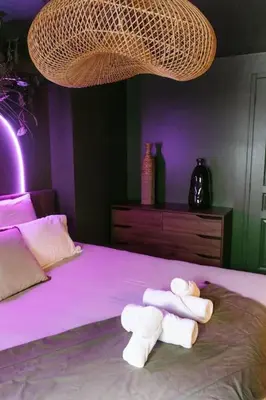 Un ou plusieurs lits dans un hébergement de l'établissement La Suite Chammarzt - Insolite - Escapade à deux -JungleRoom - baignoire balnéo privative - centre historique