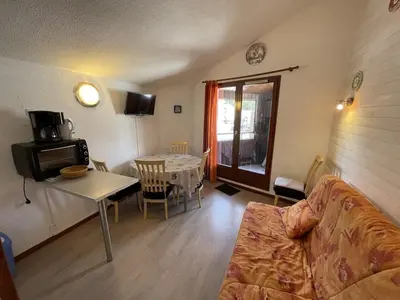 Télévision ou salle de divertissement dans l'établissement Charmant T2 cabine au Lioran, balcon sud-est, 4 personnes - FR-1-787-98