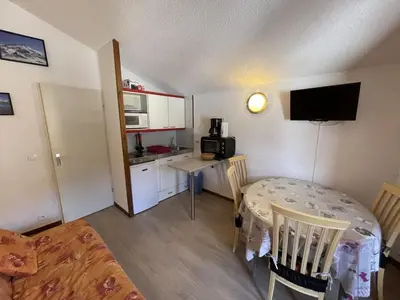 Télévision ou salle de divertissement dans l'établissement Charmant T2 cabine au Lioran, balcon sud-est, 4 personnes - FR-1-787-98