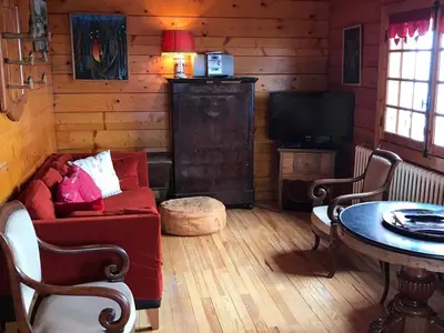 Télévision ou salle de divertissement dans l'établissement Chalet atypique près des pistes, 9 pers., sculptures uniques - FR-1-814-49