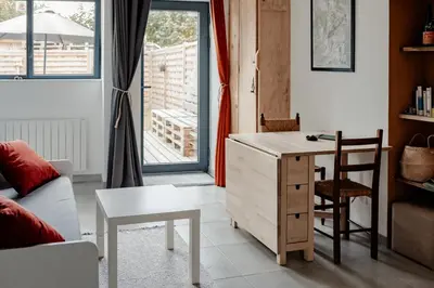 Coin salon dans l'établissement Gîte Terre - 1-4 pers, à 20 mins de Vulcania et du Puy-de-Dôme, 35 mins du Sancy