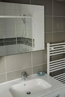 Salle de bains dans l'établissement Gîte Ciel - 1-8 pers, au calme, à 20 mins du Puy-de-Dôme, Vulcania et le volcan de Lemptégy