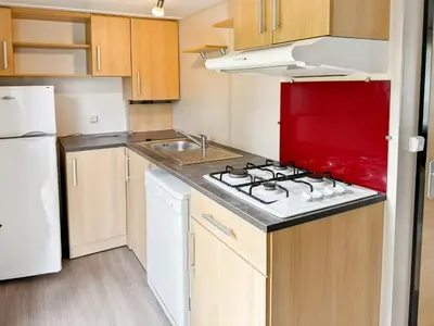 Cuisine ou kitchenette dans l'établissement Mobil-home Le Sorbier, 6pers