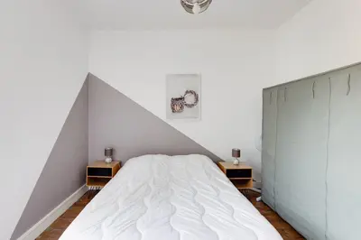 Un ou plusieurs lits dans un hébergement de l'établissement Maison moderne, en pierre avec terrasse pour 6