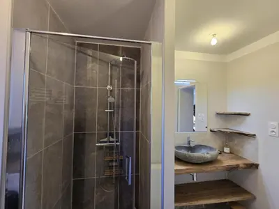 Salle de bains dans l'établissement Maison climatisée avec piscine privée, wifi et parking, animaux bienvenus - FR-1-616-456
