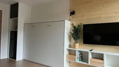 Télévision ou salle de divertissement dans l'établissement Studio cosy Mont-Dore avec vue, balcon, parking