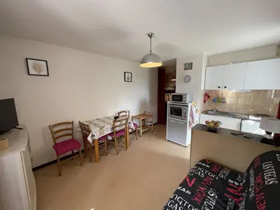 Cuisine ou kitchenette dans l'établissement Coquet studio avec terrasse au Lioran, animaux admis - FR-1-787-119