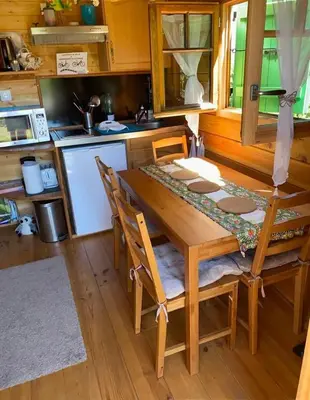 Cuisine ou kitchenette dans l'établissement Roulotte au Domaine de la Moretie