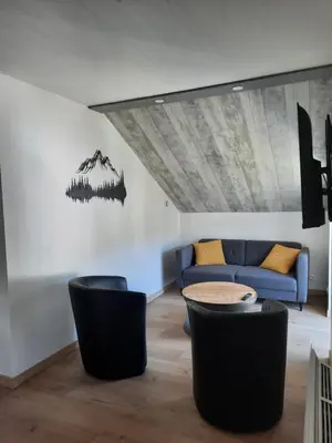 Coin salon dans l'établissement La Bourboule - Étoile des neiges - Appartement refait à neuf - 2 chambres wifi - randonnée la Roche des Fées