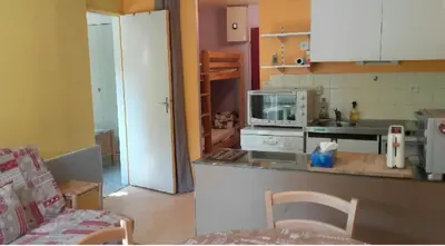 Cuisine ou kitchenette dans l'établissement Appt au lioran à Laveissiere, 6pers, 1 chambre, lits superposés et canapé