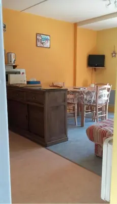 Cuisine ou kitchenette dans l'établissement Appt au lioran à Laveissiere, 6pers, 1 chambre, lits superposés et canapé