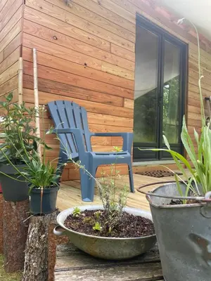 Jardin de l'établissement Ti'Nid, cabane chaleureuse plongée dans la nature