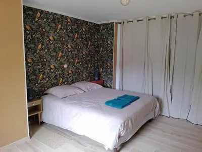 Un ou plusieurs lits dans un hébergement de l'établissement Charmante maison de centre bourg avec jardin