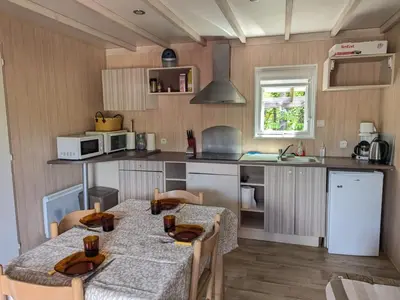 Cuisine ou kitchenette dans l'établissement Mobil-home moderne dans la nature d'Auvergne - FR-1-814-134