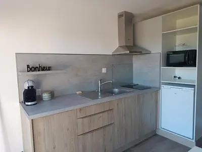 Cuisine ou kitchenette dans l'établissement Maison studio de jardin