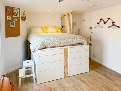 Un ou plusieurs lits dans un hébergement de l'établissement Charmant Studio au Cœur d'Aurillac La belle Verte