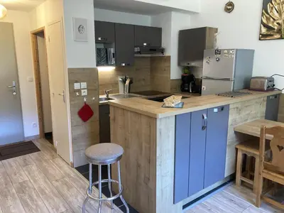 Cuisine ou kitchenette dans l'établissement T2 avec vue sur les montagnes et wifi