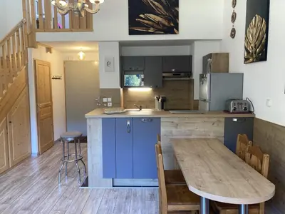 Cuisine ou kitchenette dans l'établissement T2 avec vue sur les montagnes et wifi