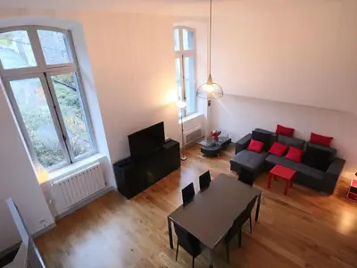 Coin salon dans l'établissement Loft lumineux en centre-ville, proche thermes, pour 4 personnes - FR-1-858-28