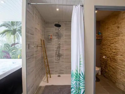 Salle de bains dans l'établissement Gîte rural pour 11 pers. avec parking, spa et animaux acceptés - FR-1-616-523