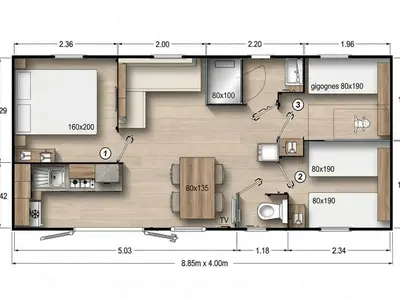 Plan de l'établissement Mobil-home 6 pers. - Terrasse au Camping Saint-Gérons - API-1-52-1317