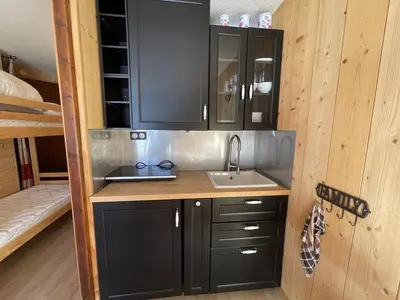 Cuisine ou kitchenette dans l'établissement Charmant studio rénové avec balcon au Lioran - FR-1-787-143