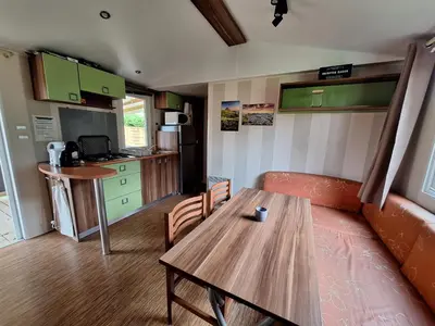 Cuisine ou kitchenette dans l'établissement Mobilhome au bord du lac avec piscine