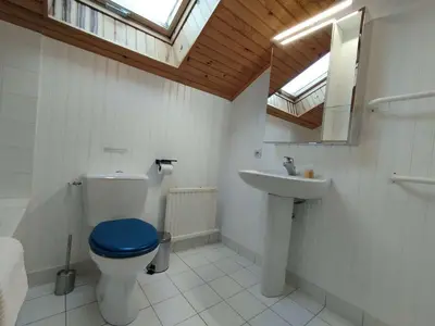 Salle de bains dans l'établissement Chalet cosy au vert pour 6 avec piscine et Wi-Fi, proche Souillac - FR-1-828-3