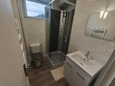 Salle de bains dans l'établissement La Bourboule - Étoile des neiges - Ambiance montagne - Appartement rénové, 2 chambres Wifi - Randonnée la Roche des Fées