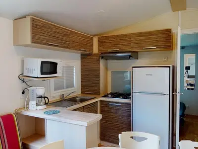 Cuisine ou kitchenette dans l'établissement Mobil-home 32m² avec Terrasse, 3 Chambres pour 6 personnes - API-1-52-1245