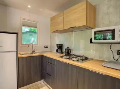 Cuisine ou kitchenette dans l'établissement ZEcamping 3 espace aquatique pet friendly mobil-home BBQ 4 pers