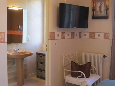 Télévision ou salle de divertissement dans l'établissement Logis Hôtel Deshors-Foujanet