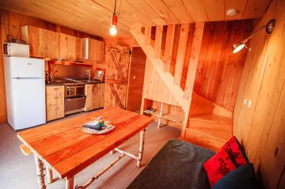 Cuisine ou kitchenette dans l'établissement Les Volca'lodges de Tournebise