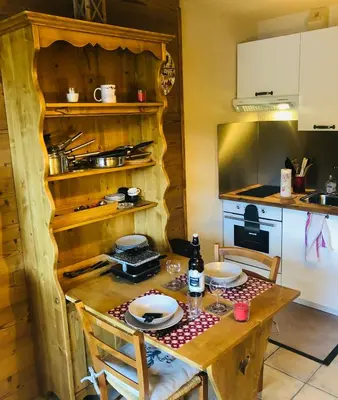 Cuisine ou kitchenette dans l'établissement Charmant studio Mont Dore