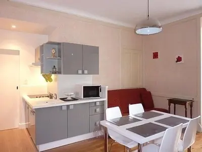 Cuisine ou kitchenette dans l'établissement Charmant T1 au Mont-Dore pour 4 pers., centre-ville - FR-1-608-184