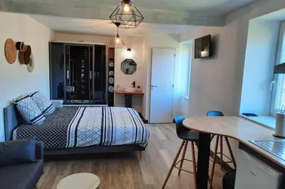 Un ou plusieurs lits dans un hébergement de l'établissement Studio avec vue sur la vezere