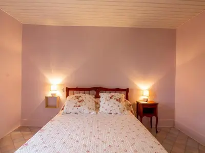 Un ou plusieurs lits dans un hébergement de l'établissement Gîte rural avec spa, animaux acceptés et parking - FR-1-616-246
