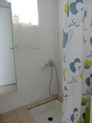 Salle de bains dans l'établissement Maison de charme à Teyssieu avec cheminée et jardin.