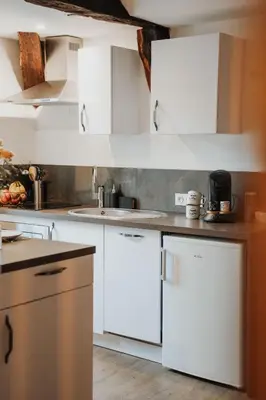 Cuisine ou kitchenette dans l'établissement -Les Petits Ga!llards- 3 Studios à Thèmes